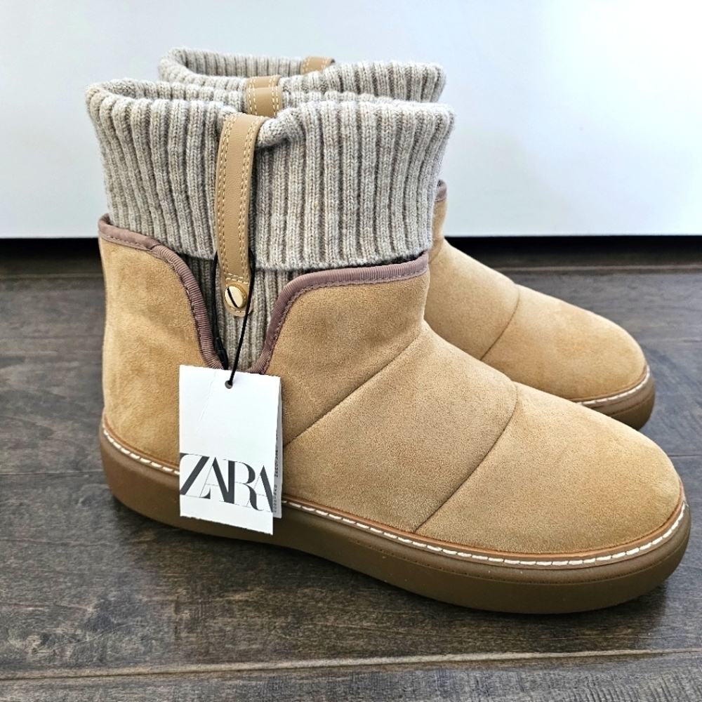 New Zara Tan Winter Booties with Knit Collar Sz 10